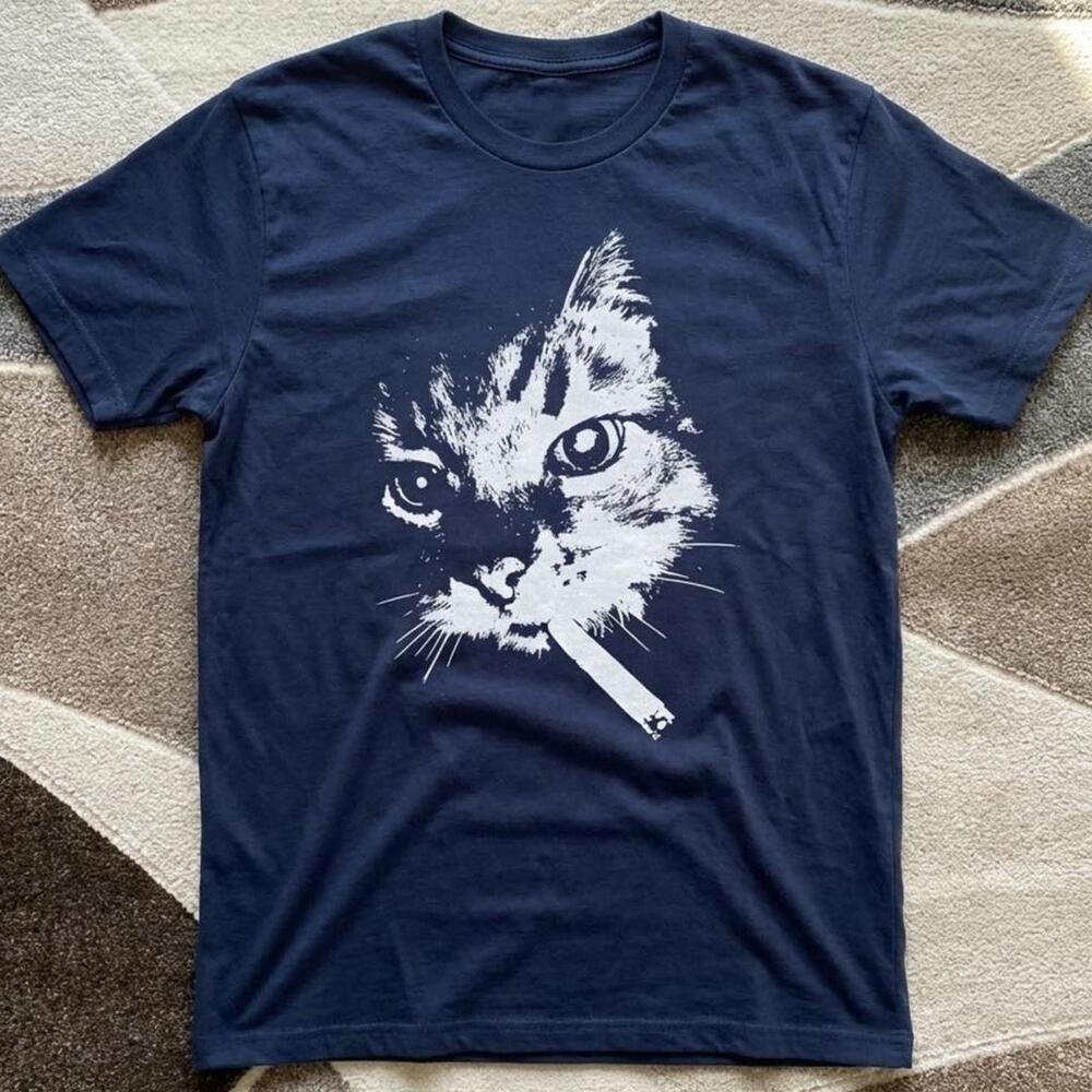Smoking Cat T Shirt Navy Blue Cigarette Graphic Tee Grunge Indie Sleaze